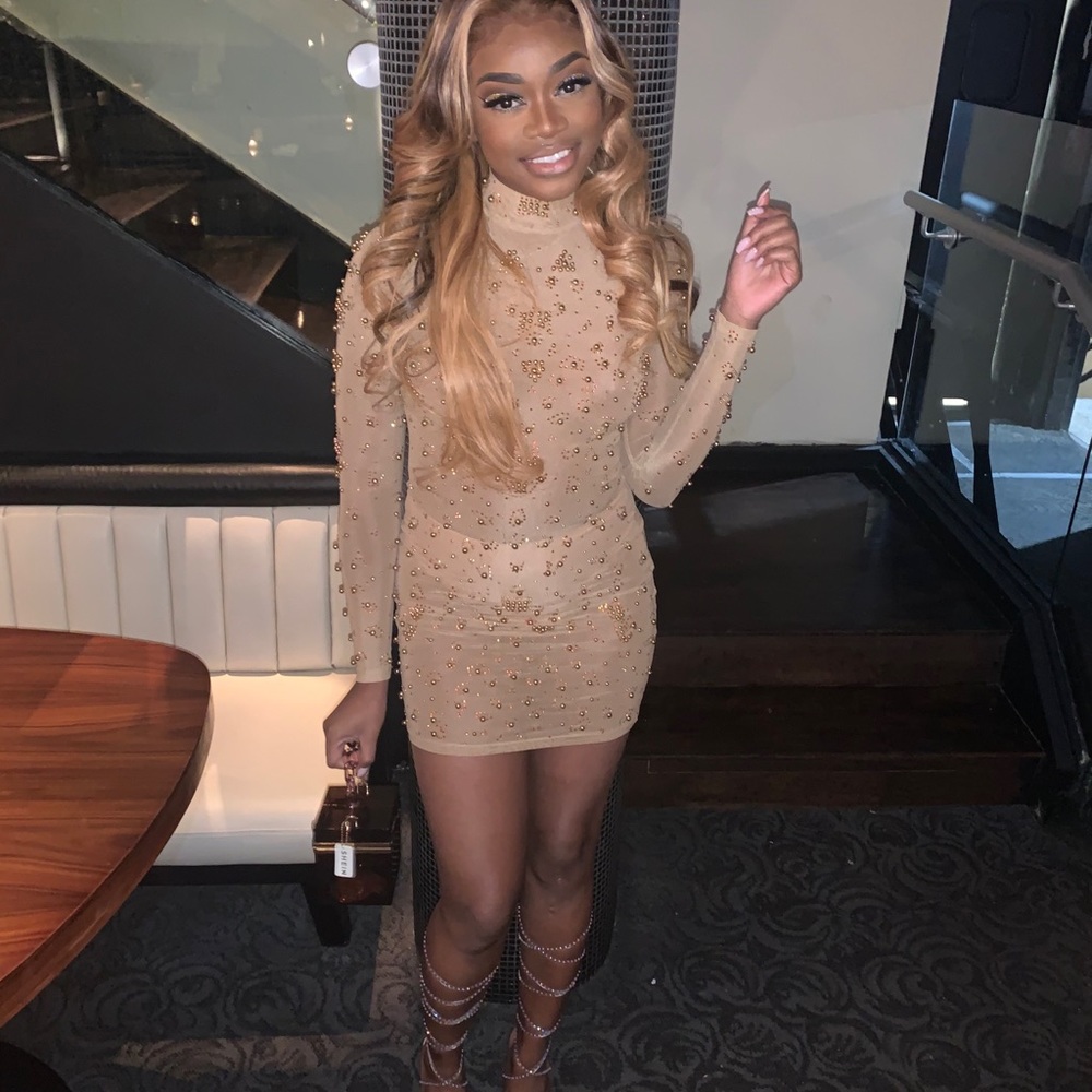 Beige Sparkling Long Sleeve Mini Dress